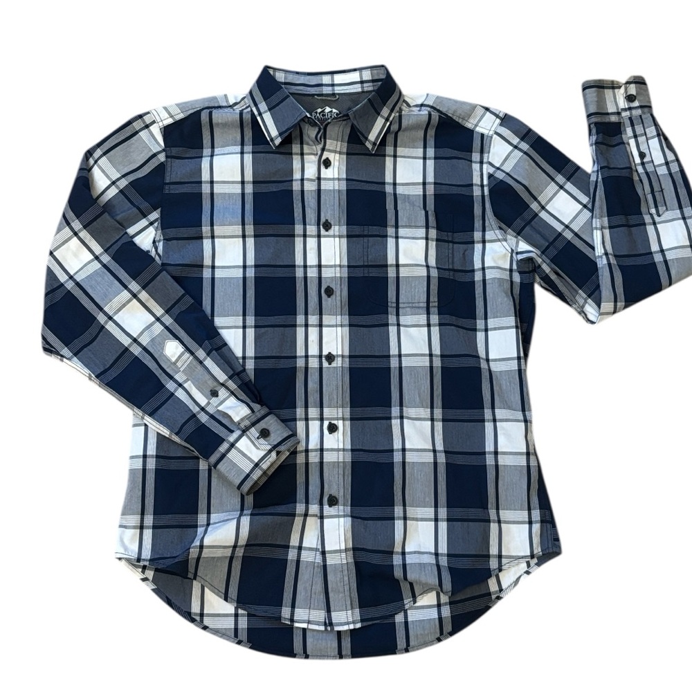 Pacific Outfitters Active‎ Stretch Plaid Blue White Button Down Shirt Size M